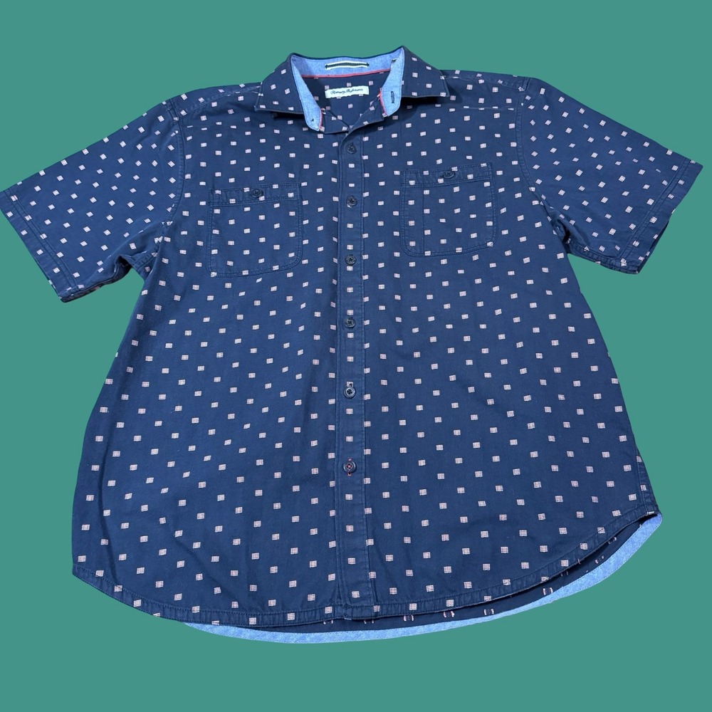 Tommy Bahama Polo Shirt L Blue Geometric Beach Resort Casual Short Sleeve